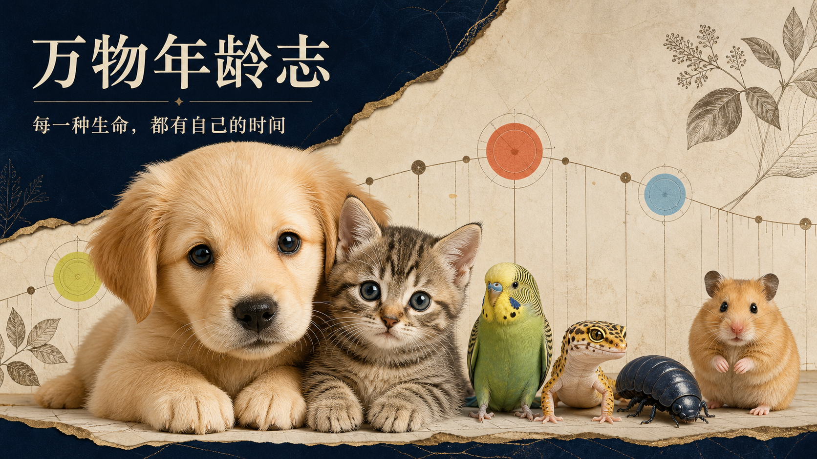 小狗、小猫、虎皮鹦鹉、守宫、甲虫和仓鼠组成的小宠物合影